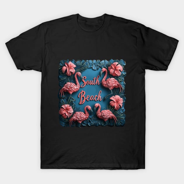 Miami - South Beach (Pink Flamingos) T-Shirt by VelvetRoom